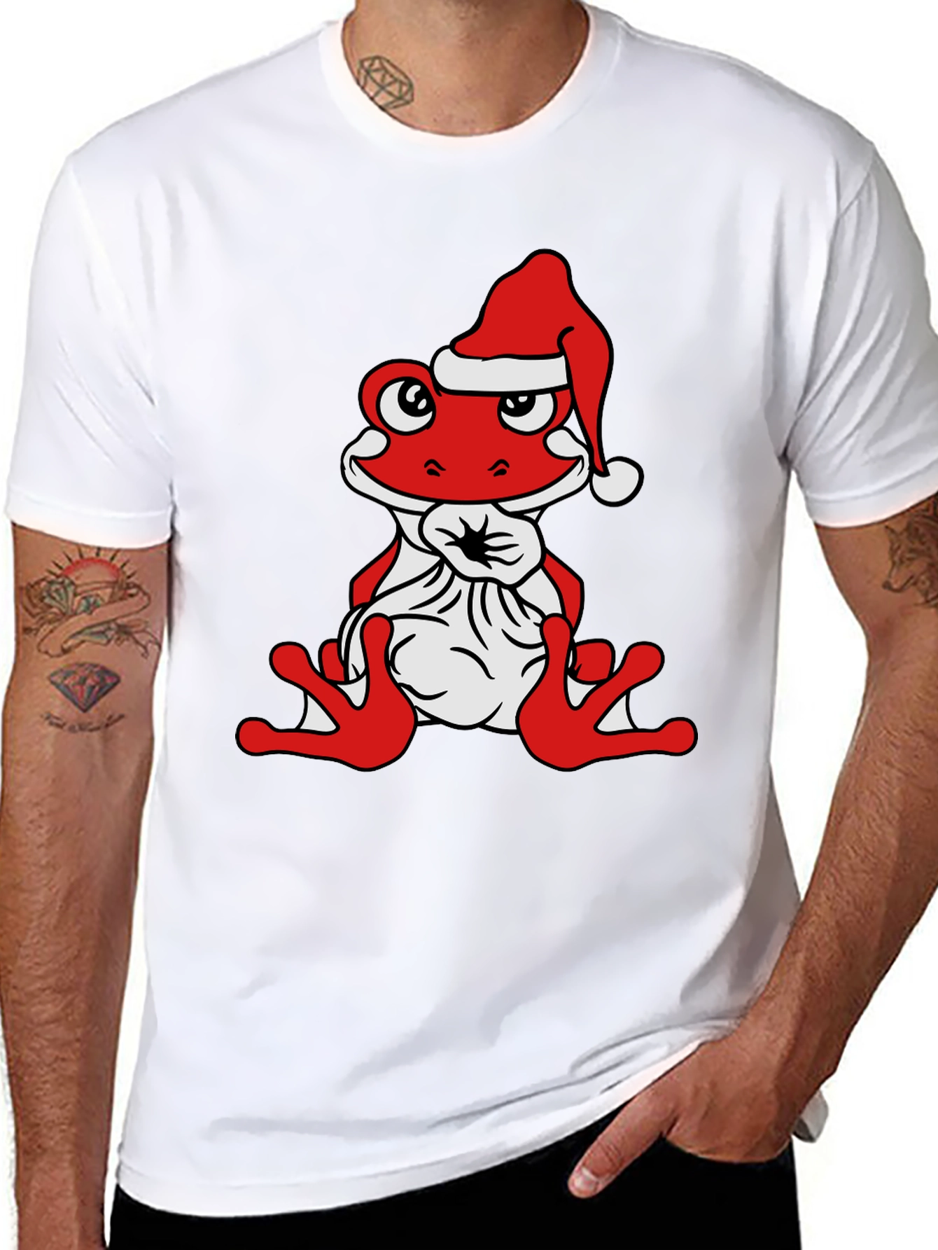 Frog with Santa Hat Black T-Shirt