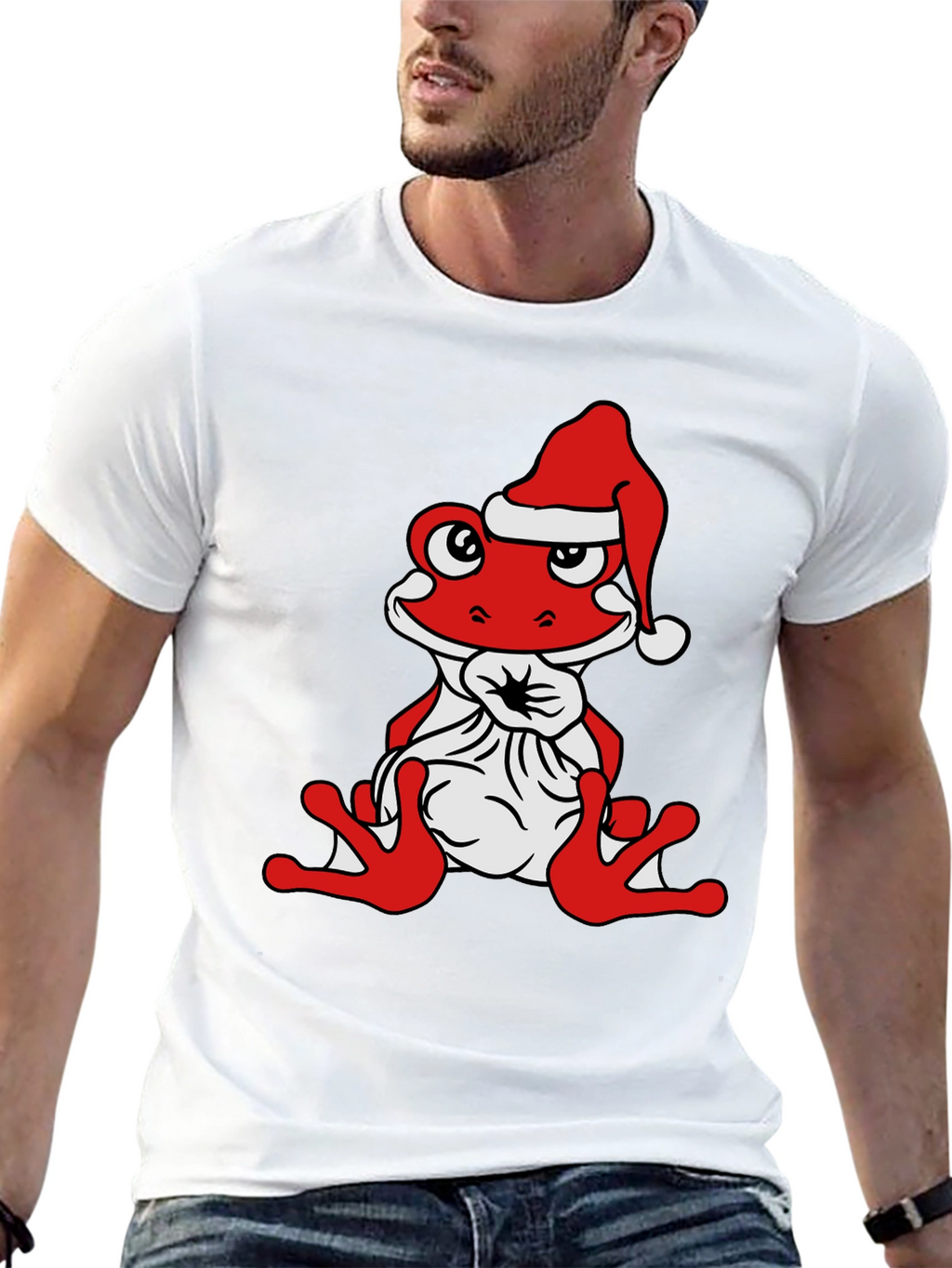 Frog with Santa Hat Black T-Shirt