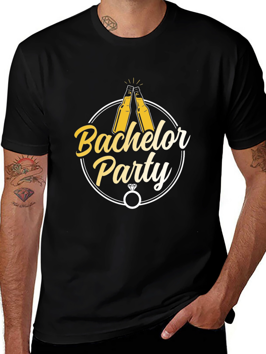 Bachelor Party T-Shirt - Cheers & Rings Design