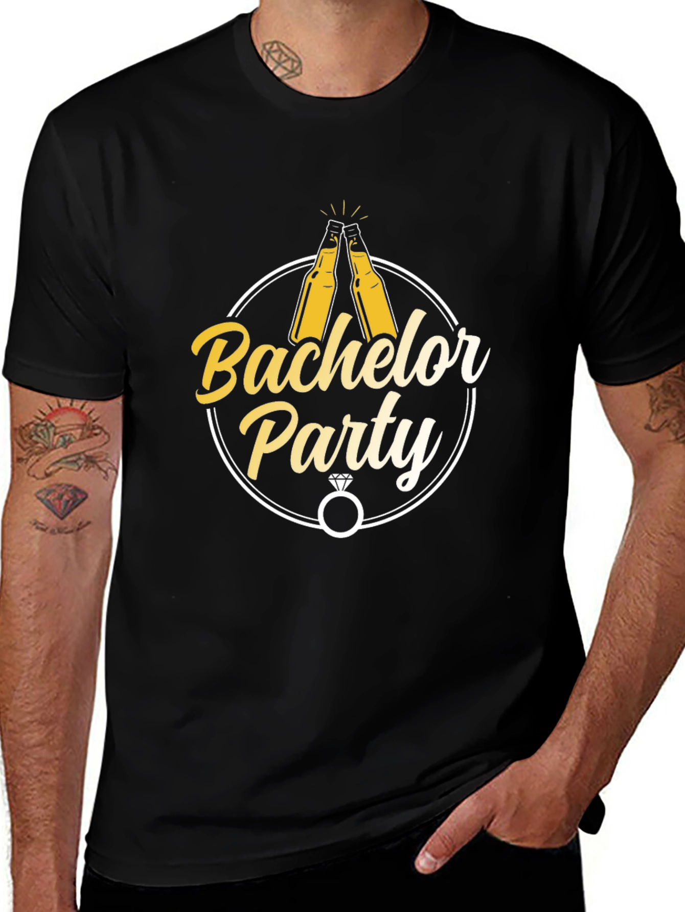 Bachelor Party T-Shirt - Cheers & Rings Design