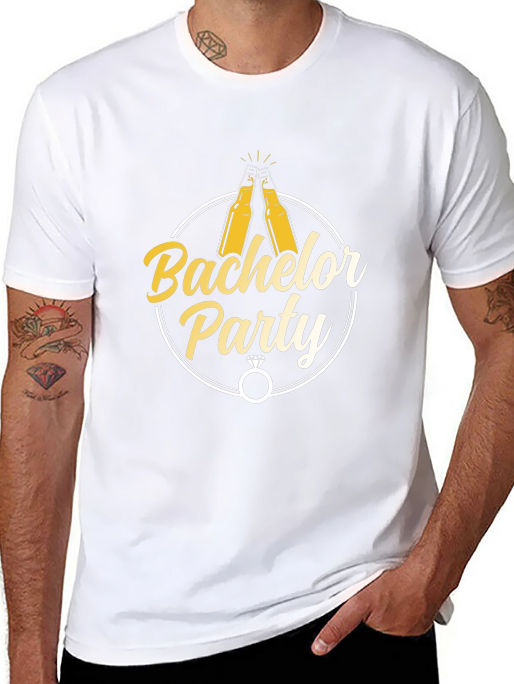 Bachelor Party T-Shirt - Cheers & Rings Design