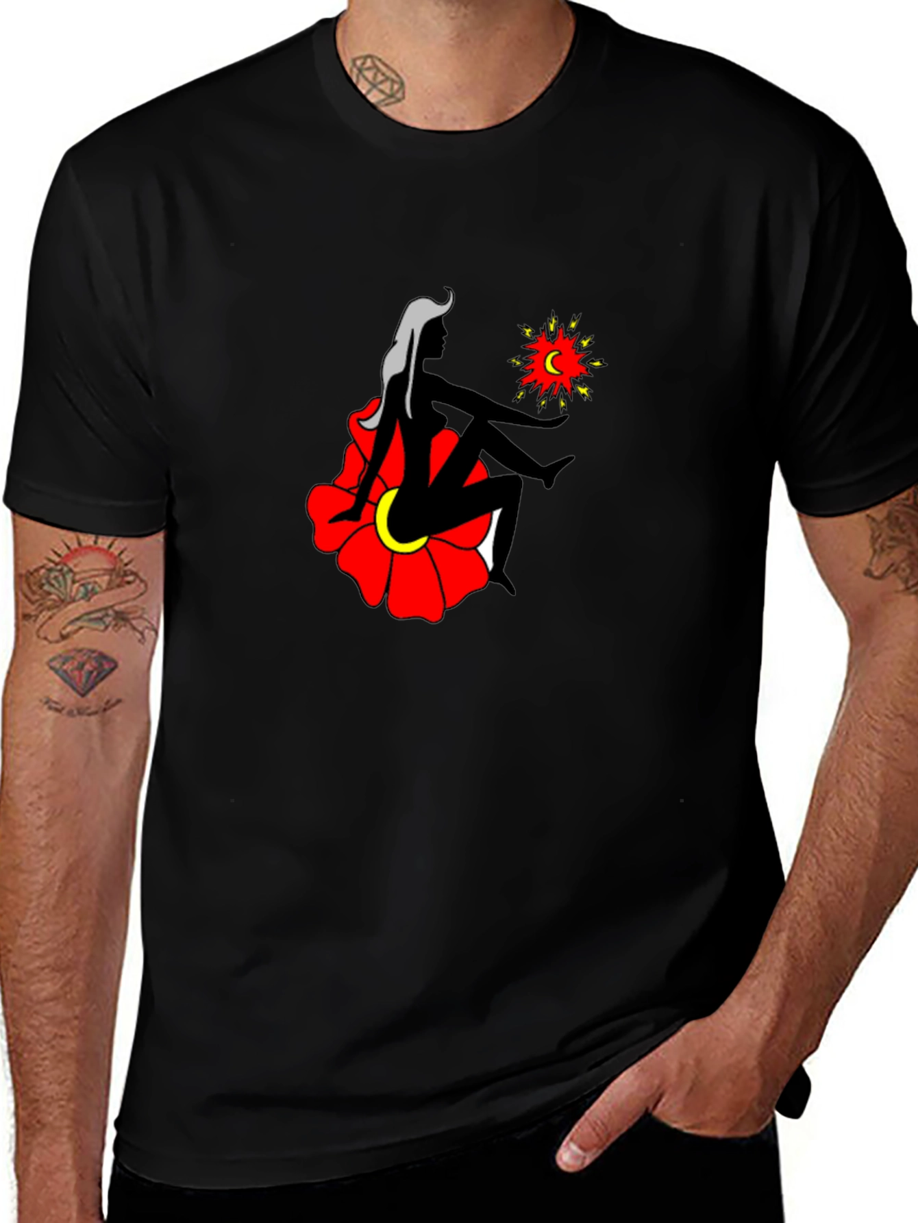 Black T-Shirt with Woman and Flower Graphic
