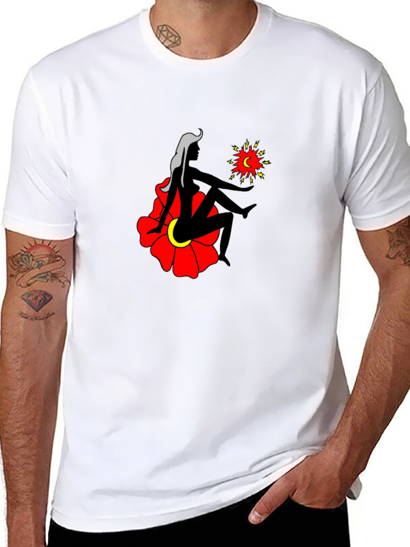 Black T-Shirt with Woman and Flower Graphic
