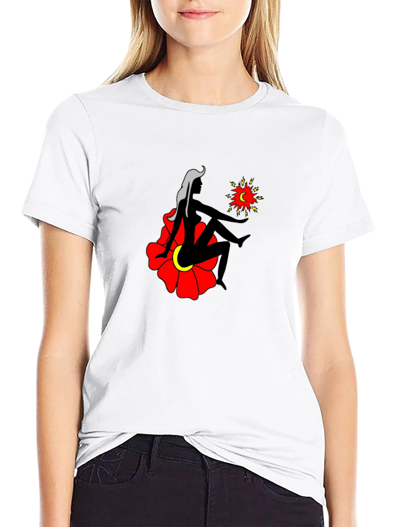 Black T-Shirt with Woman and Flower Graphic