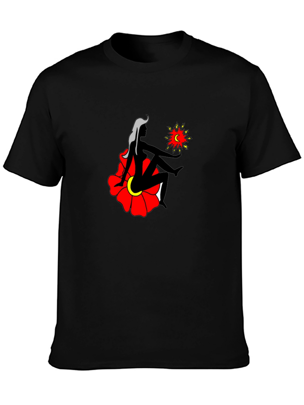 Black T-Shirt with Woman and Flower Graphic