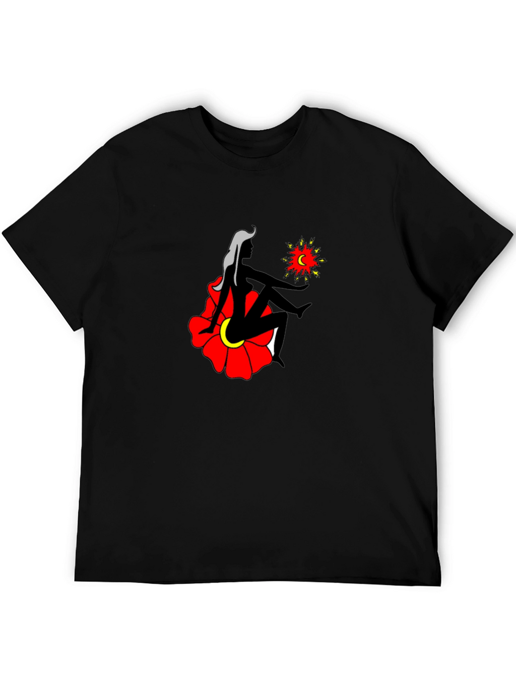 Black T-Shirt with Woman and Flower Graphic
