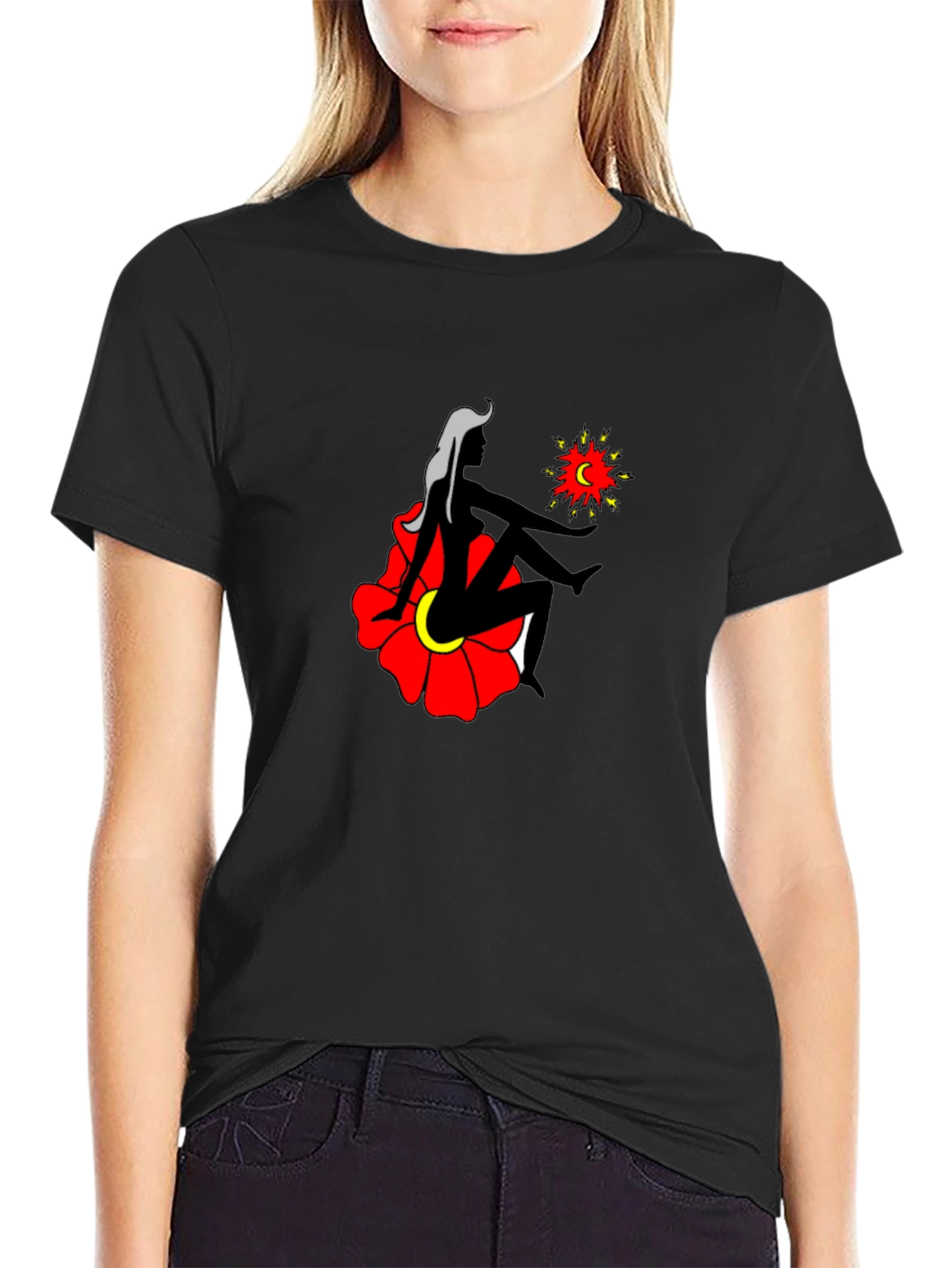 Black T-Shirt with Woman and Flower Graphic
