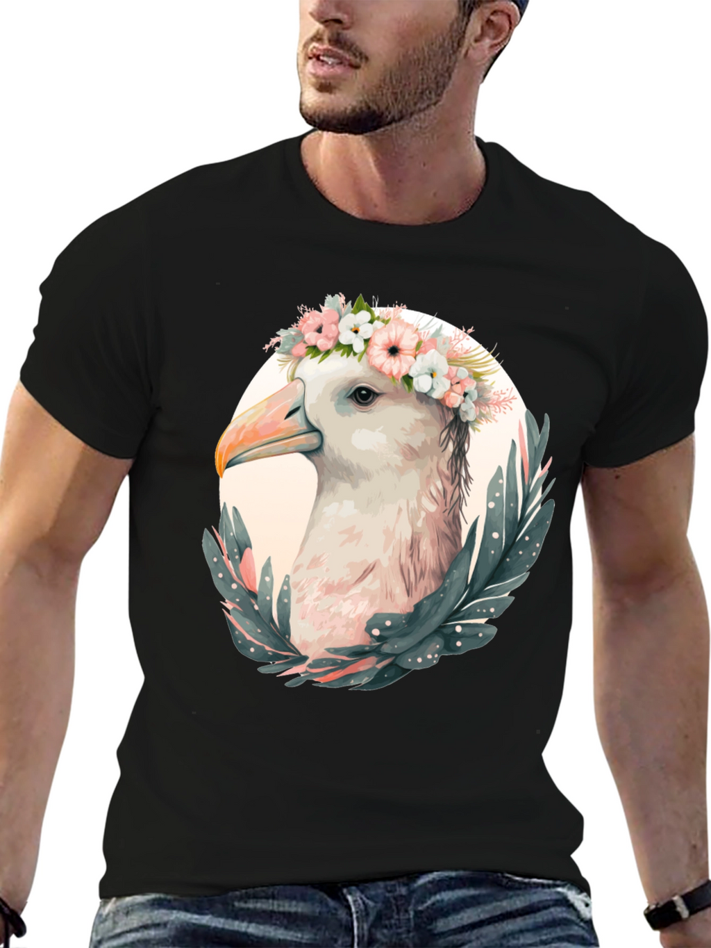 Seagull Floral Wreath Graphic Black T-Shirt
