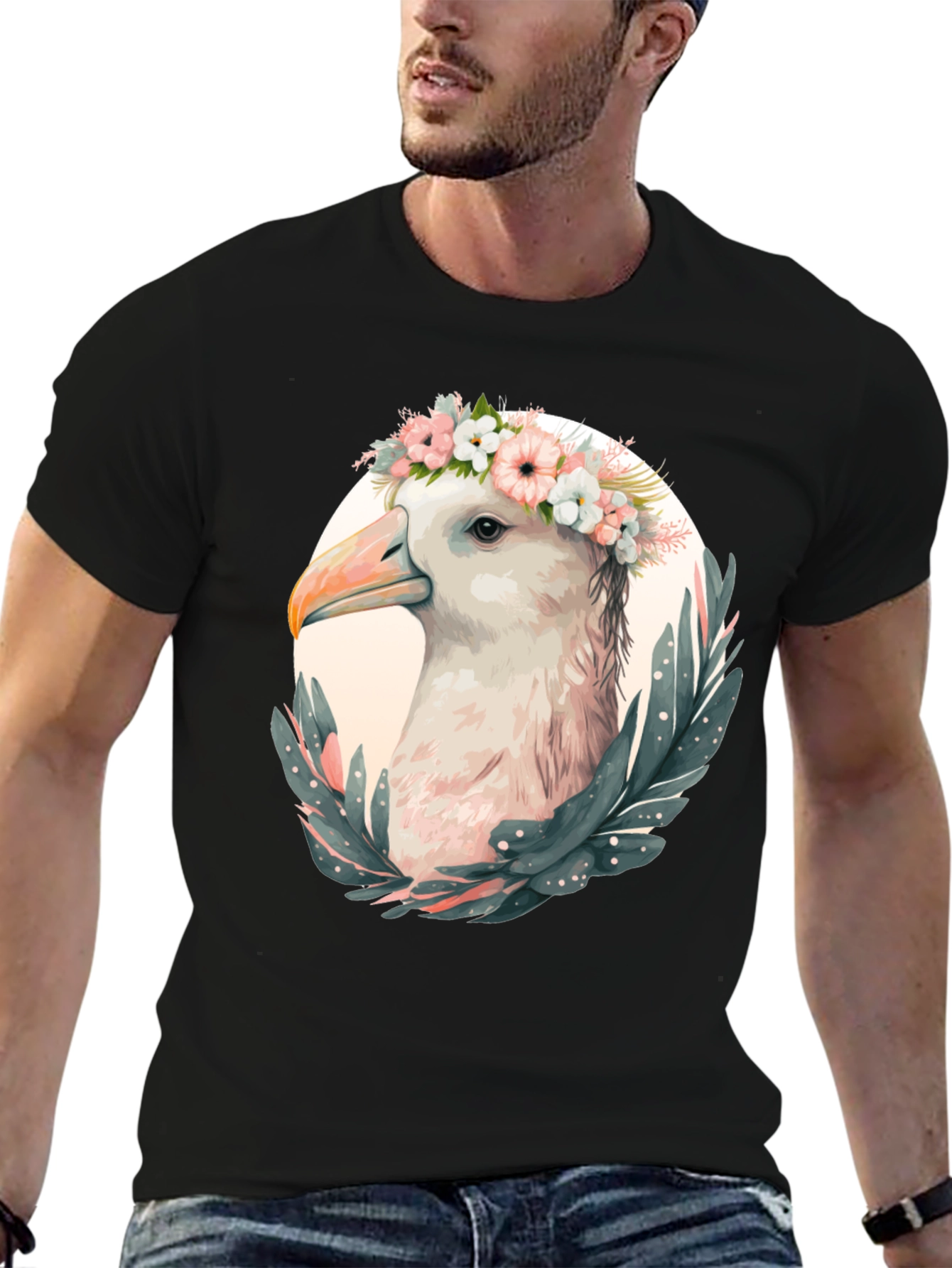 Seagull Floral Wreath Graphic Black T-Shirt