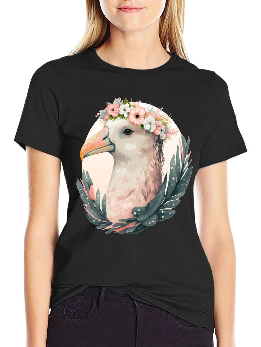 Seagull Floral Wreath Graphic Black T-Shirt