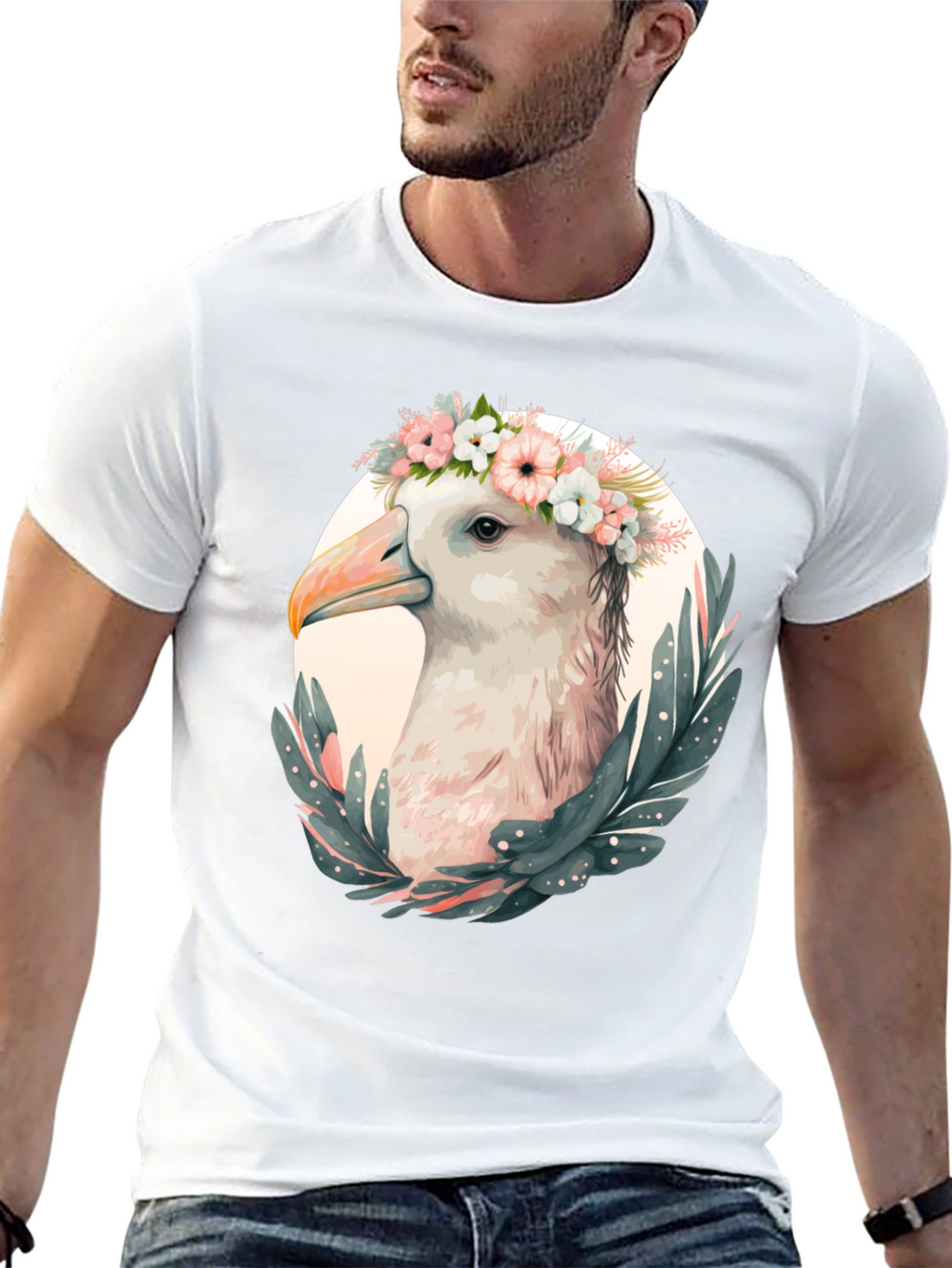 Seagull Floral Wreath Graphic Black T-Shirt