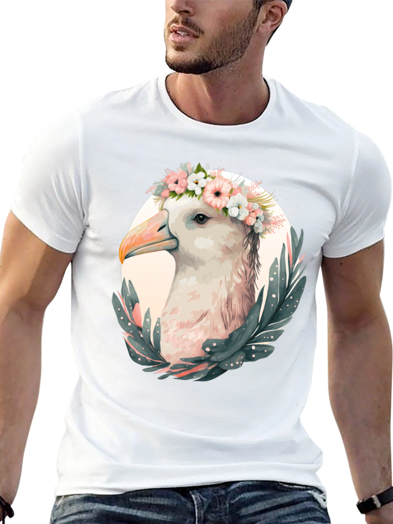 Seagull Floral Wreath Graphic Black T-Shirt