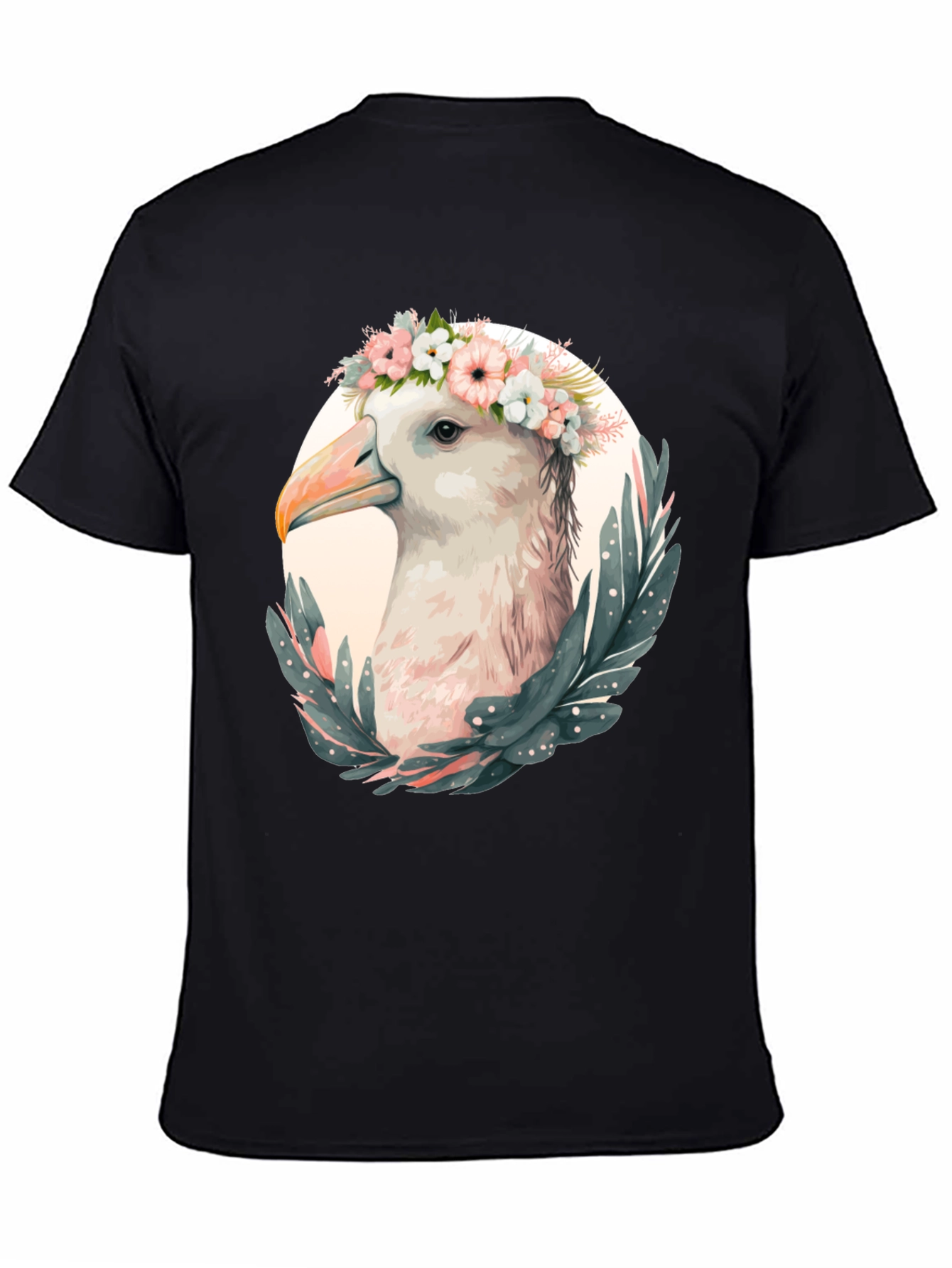 Seagull Floral Wreath Graphic Black T-Shirt