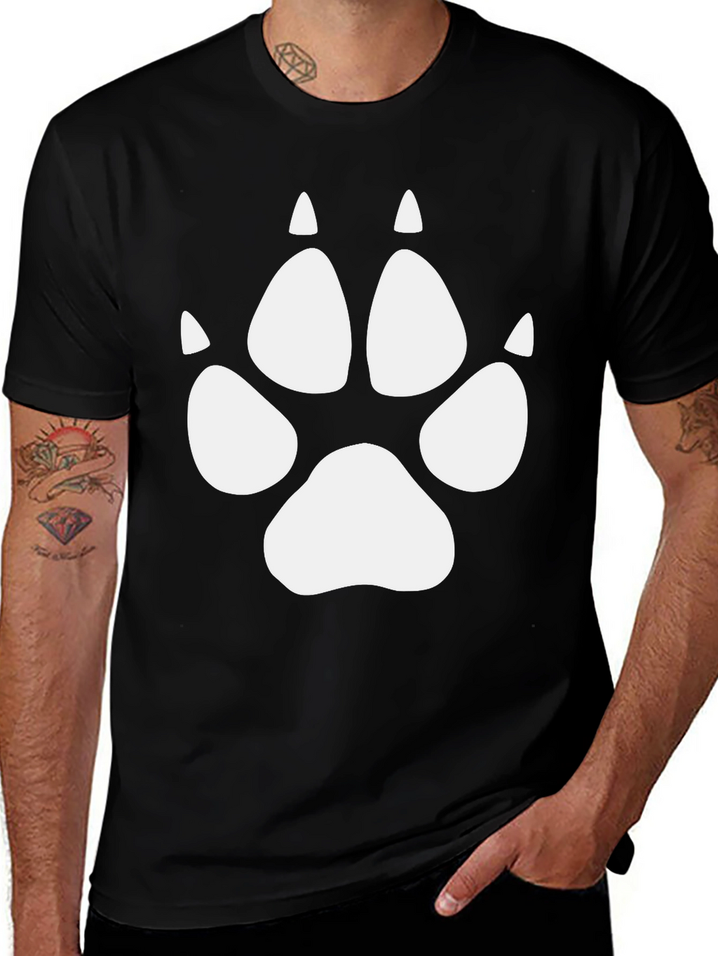 Wolf Paw Print Tee - Black Crew Neck T-Shirt