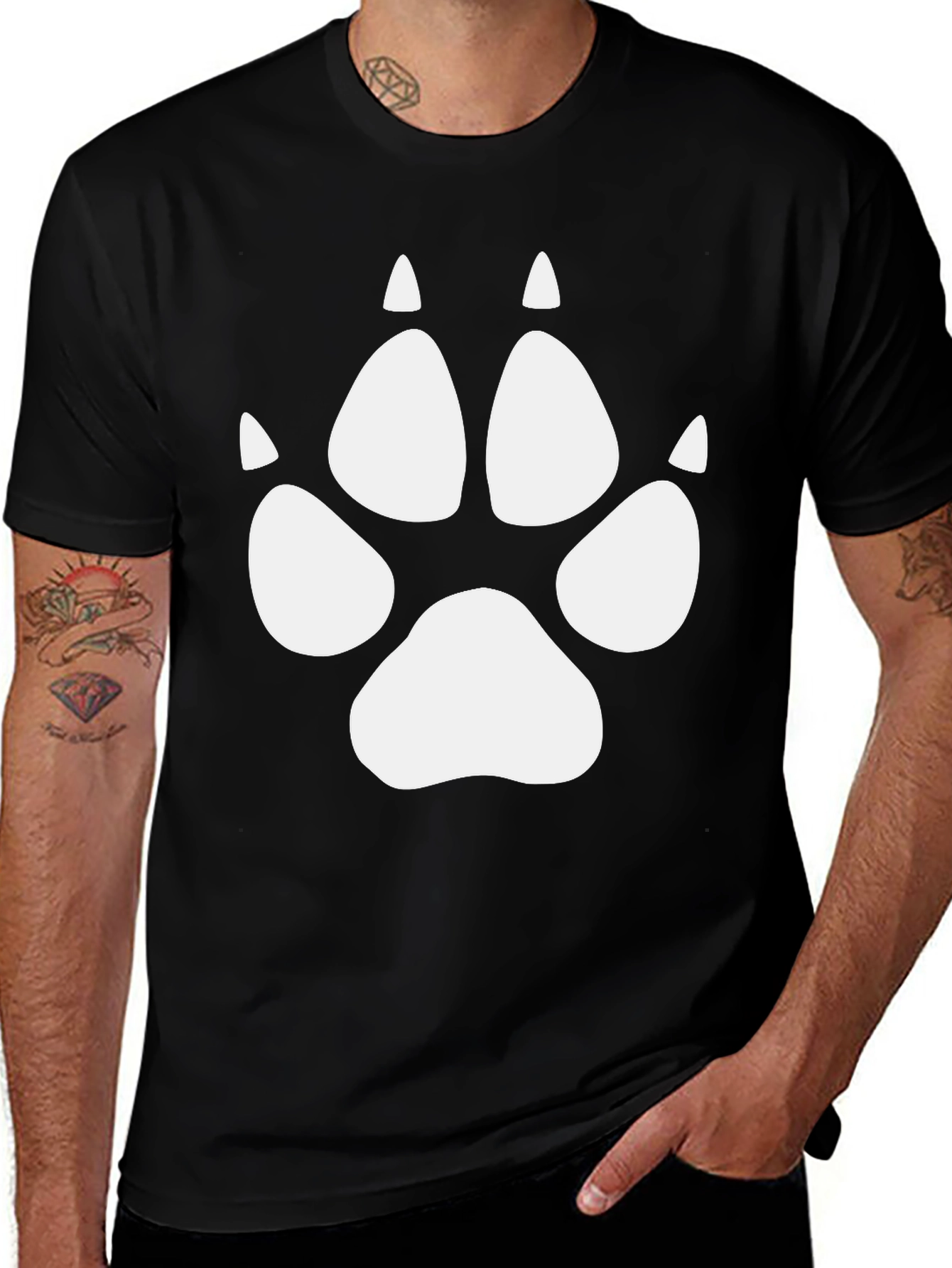 Wolf Paw Print Tee - Black Crew Neck T-Shirt