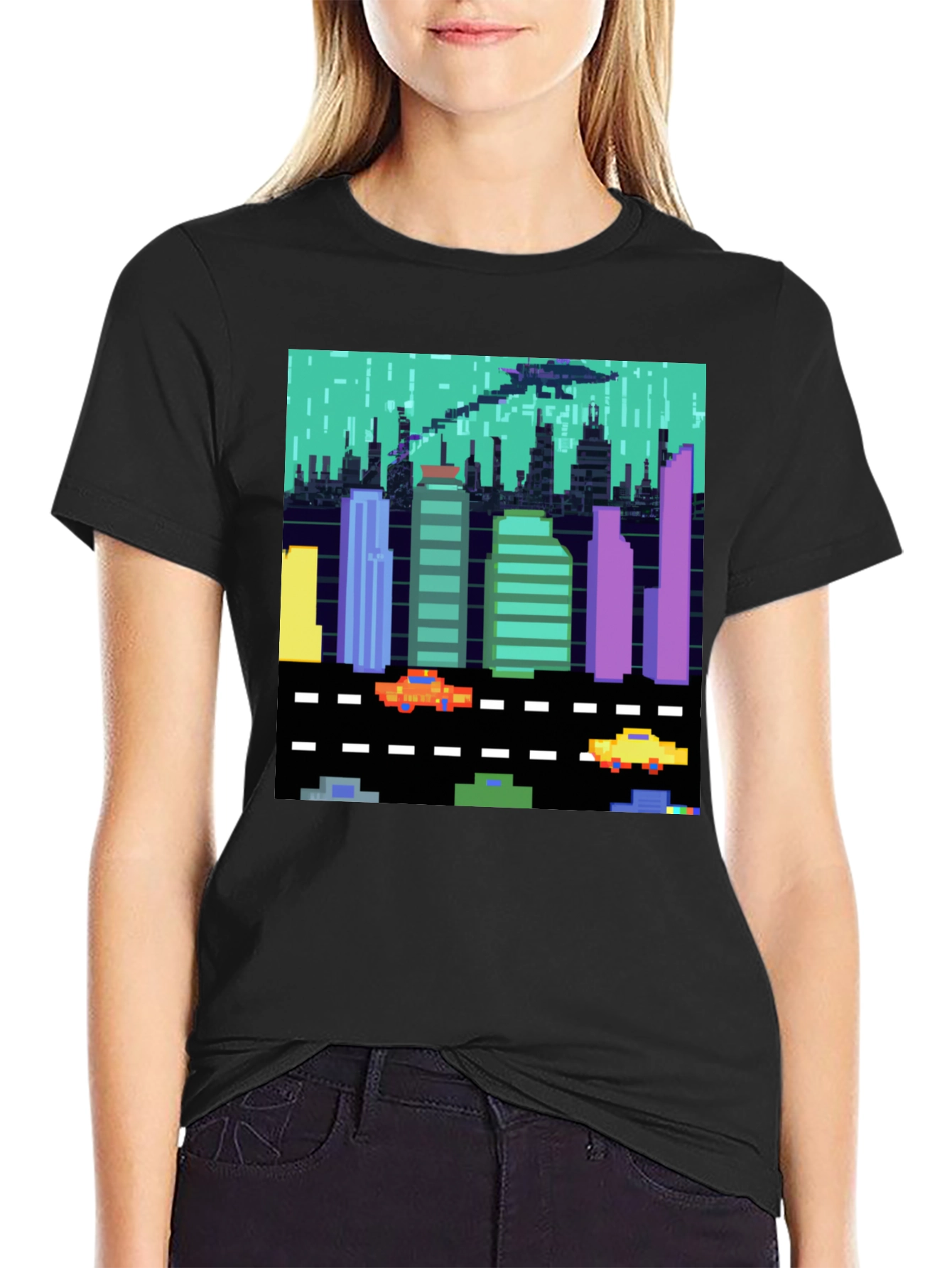 Retro 8-Bit City T-Shirt - Pixel Art UFO Attack