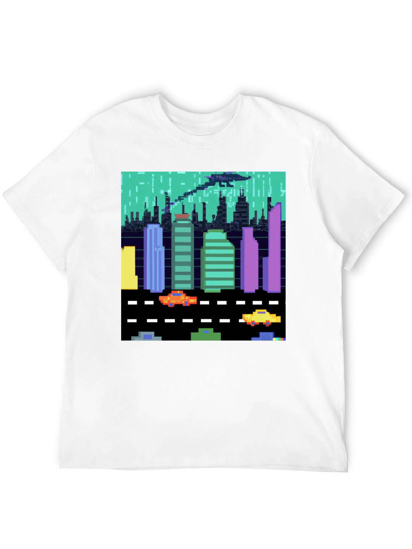 Retro 8-Bit City T-Shirt - Pixel Art UFO Attack