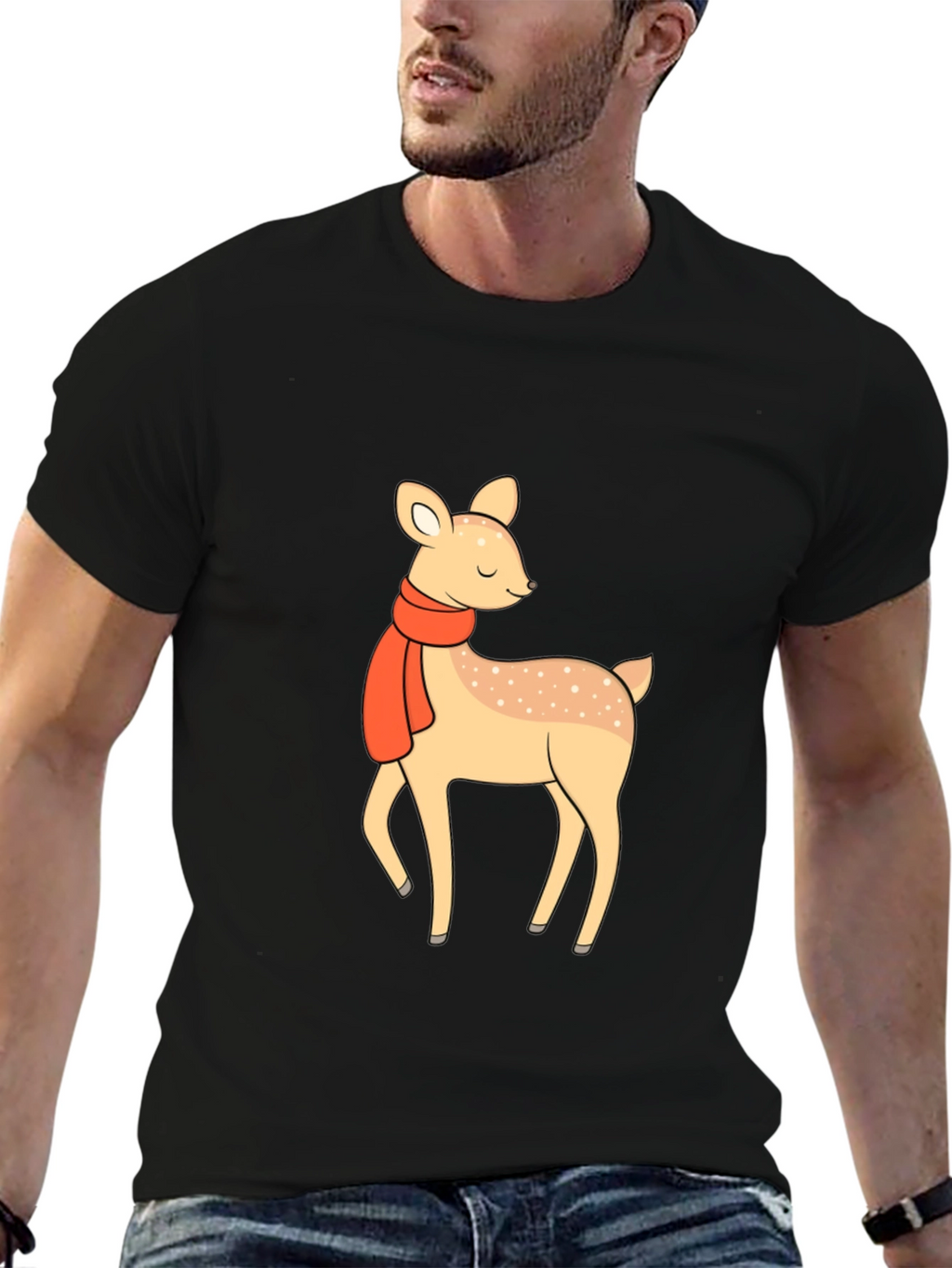 Cute Deer with Scarf Black Graphic Tee