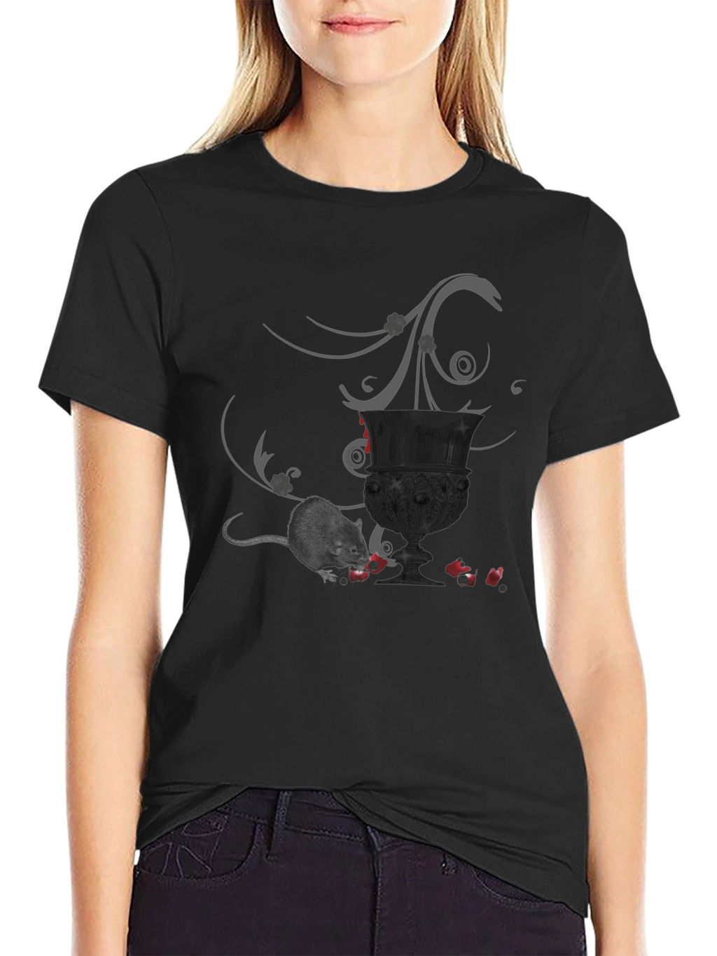 Whimsical Gothic T-Shirt with Mouse & Goblet Design