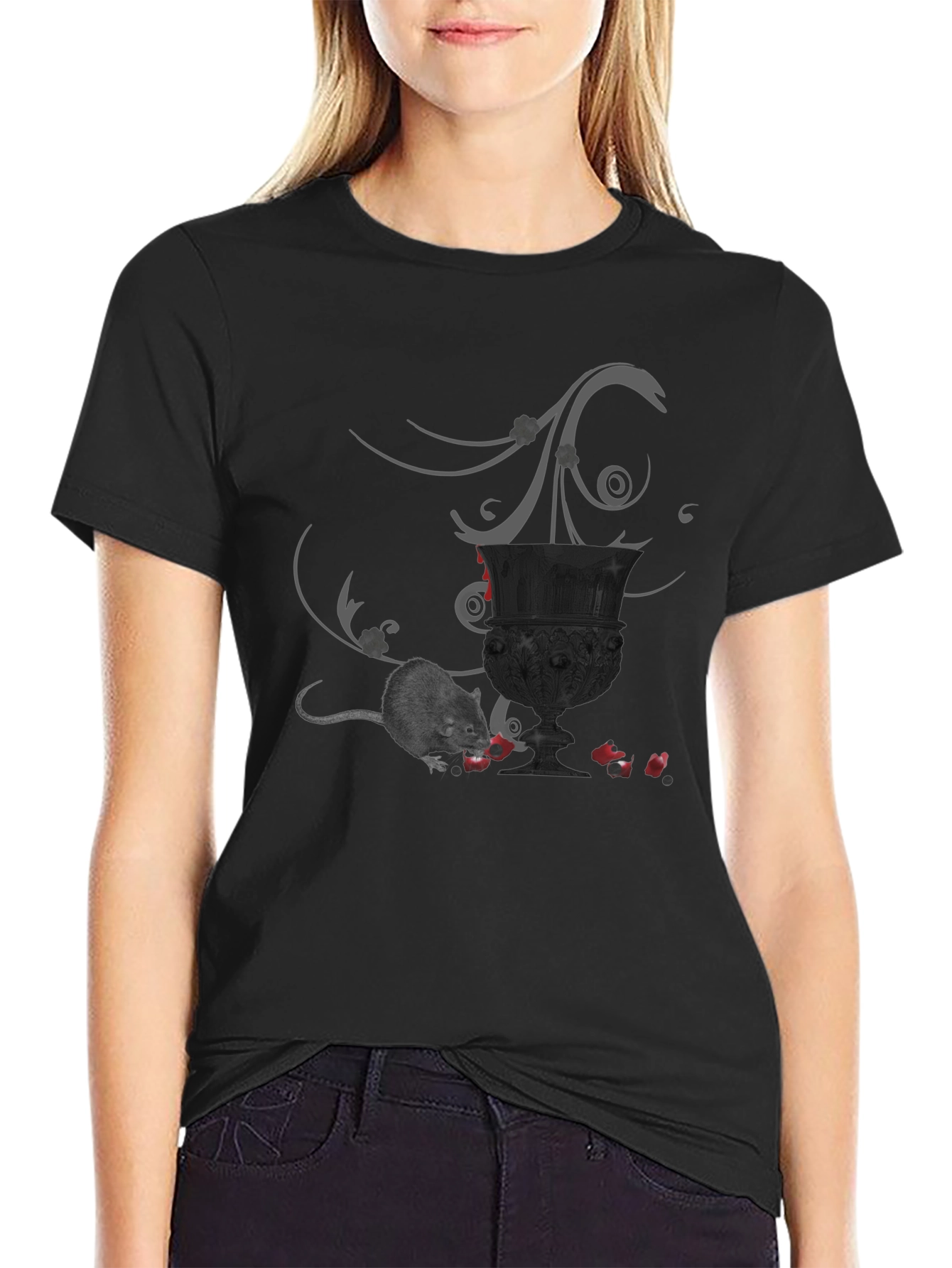Whimsical Gothic T-Shirt with Mouse & Goblet Design