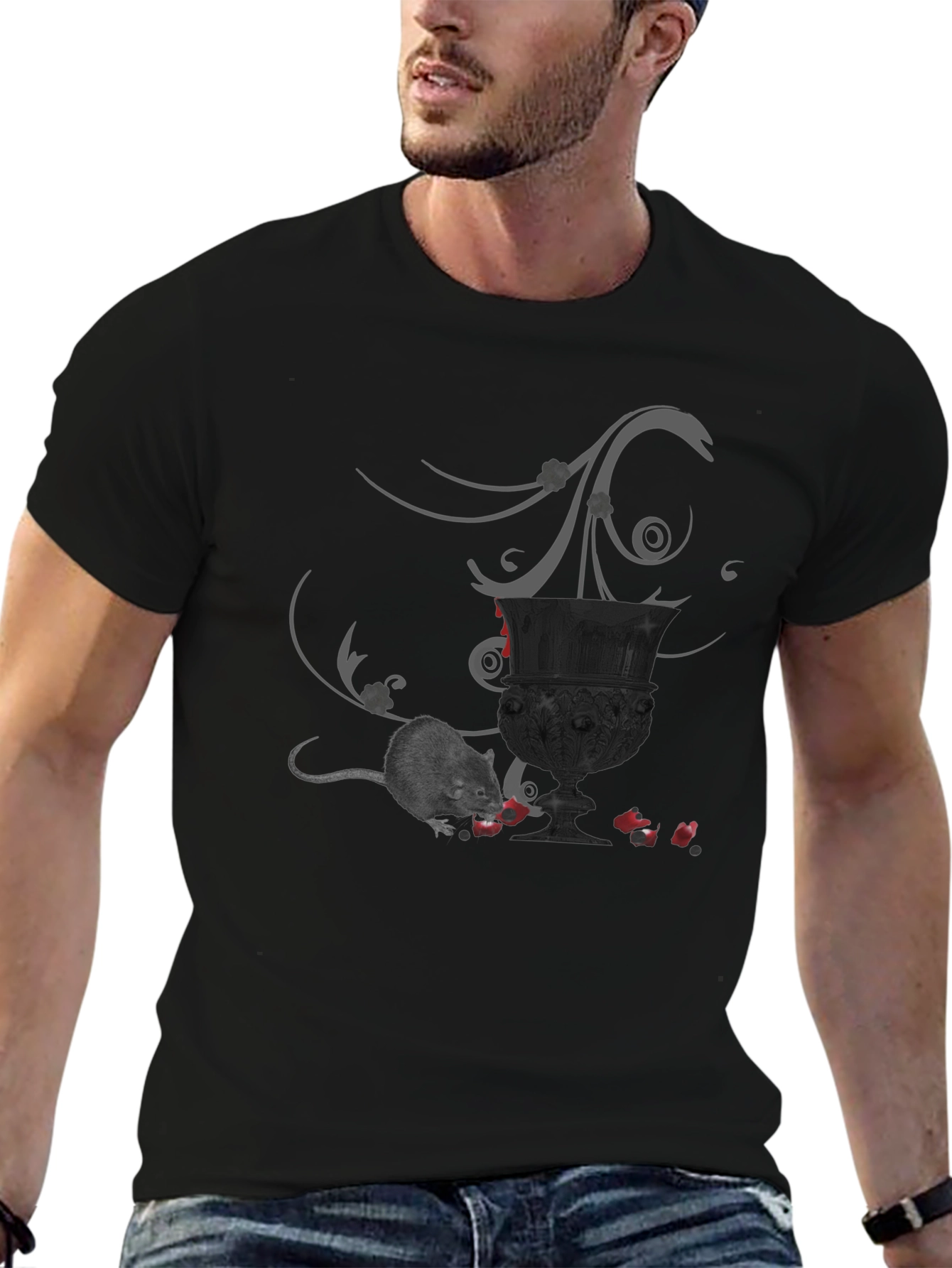 Whimsical Gothic T-Shirt with Mouse & Goblet Design