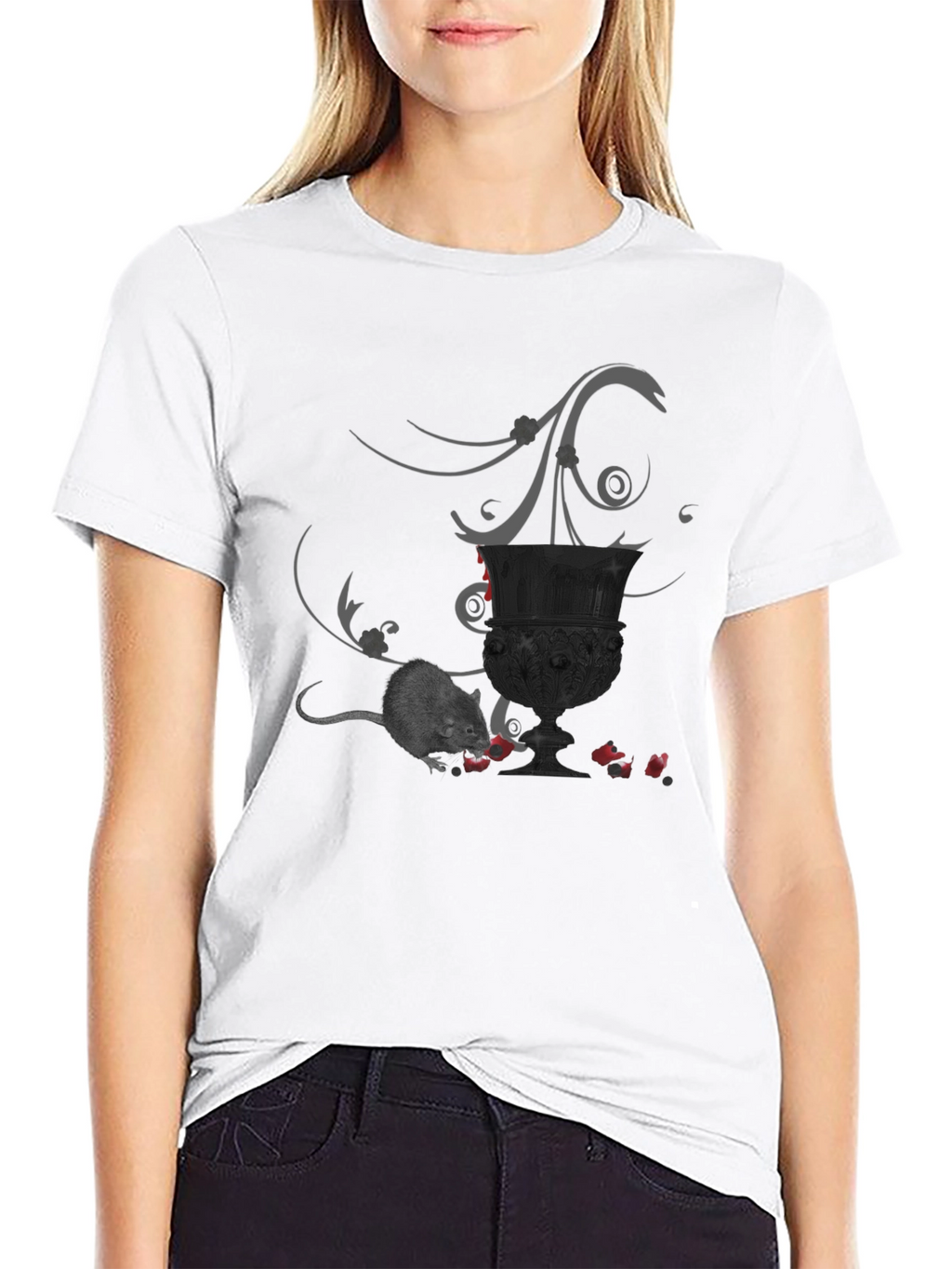 Whimsical Gothic T-Shirt with Mouse & Goblet Design