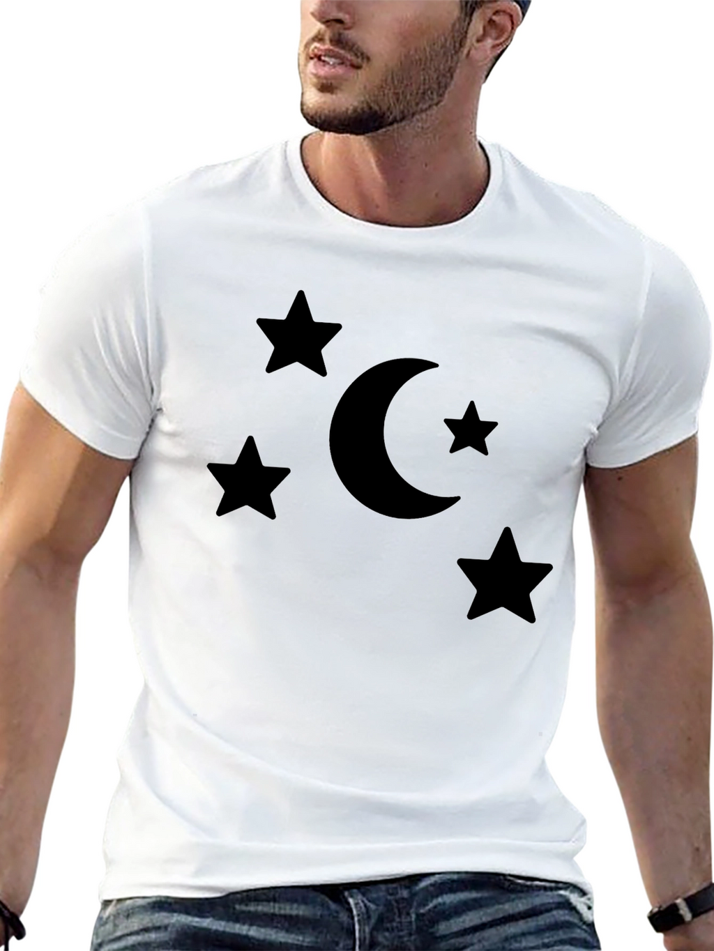 Stars and Moon Graphic Tee - Black Cotton Blend