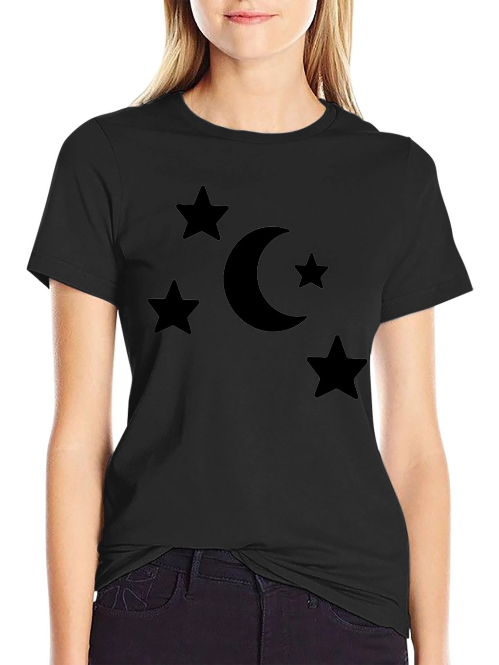 Stars and Moon Graphic Tee - Black Cotton Blend