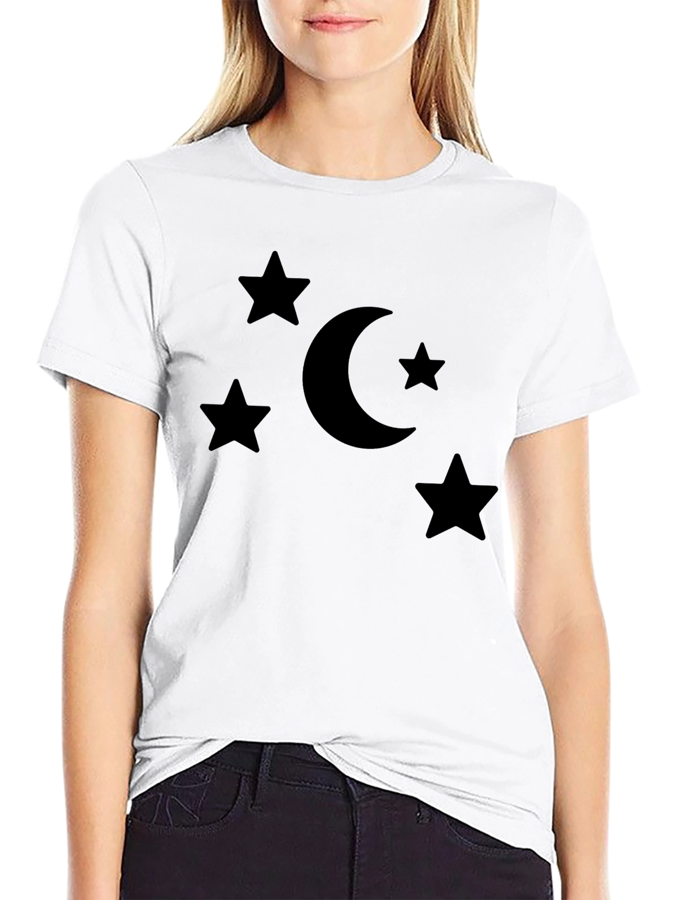 Stars and Moon Graphic Tee - Black Cotton Blend
