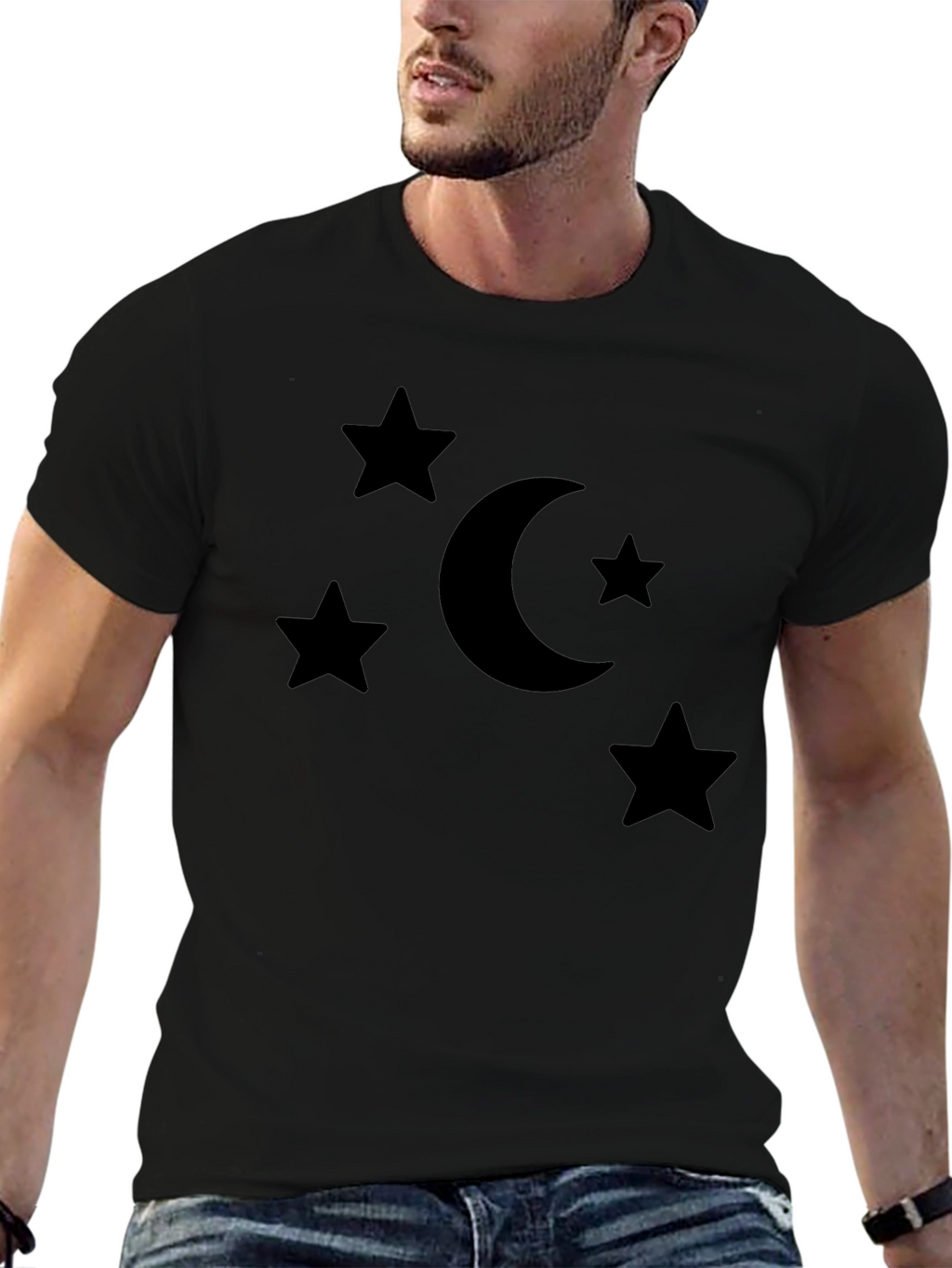 Stars and Moon Graphic Tee - Black Cotton Blend