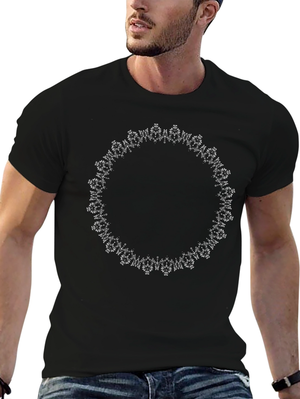 Mens Black T-Shirt with Ornamental Circle Design