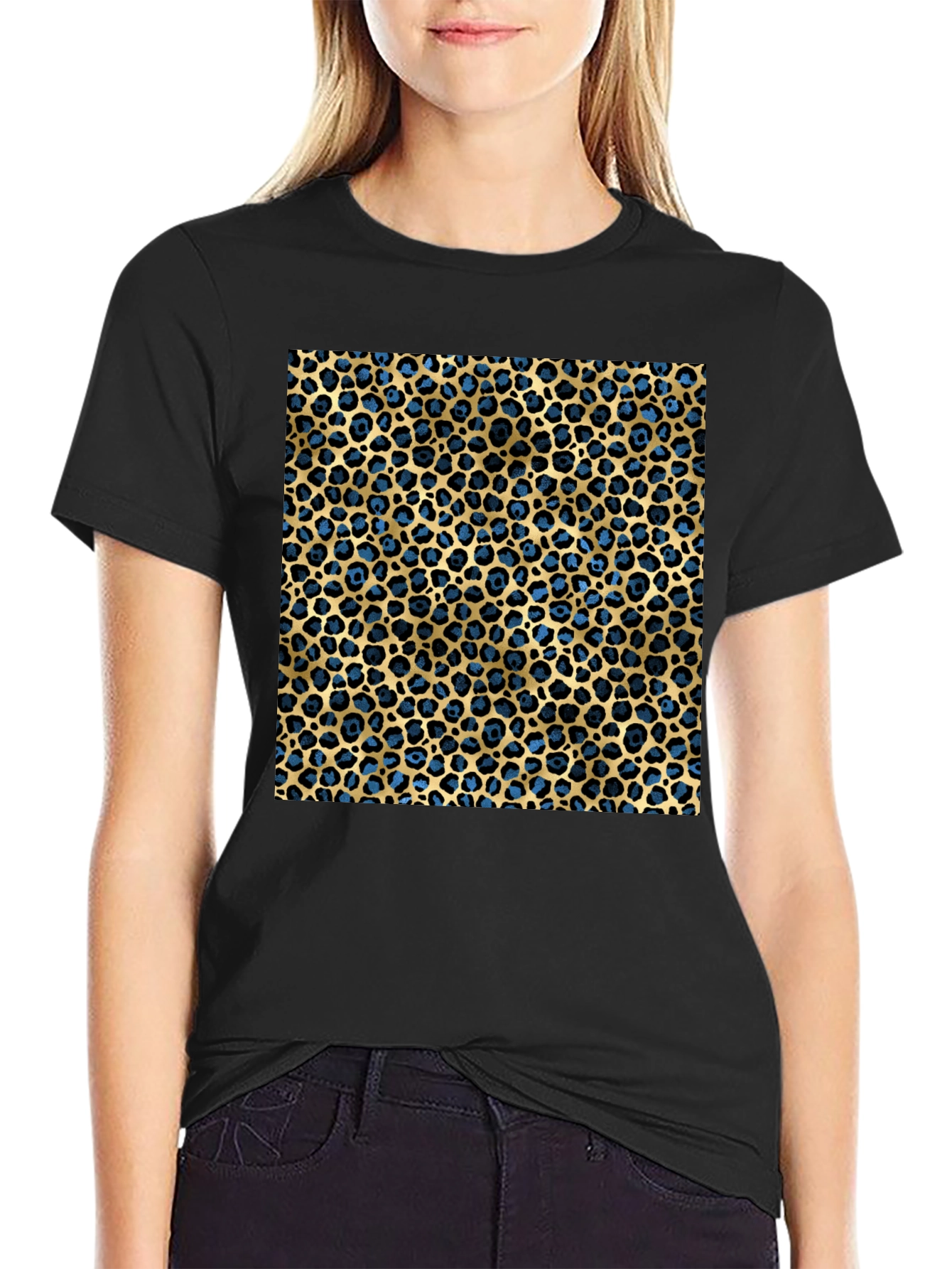 Leopard Print T-Shirt - Blue and Gold Pattern
