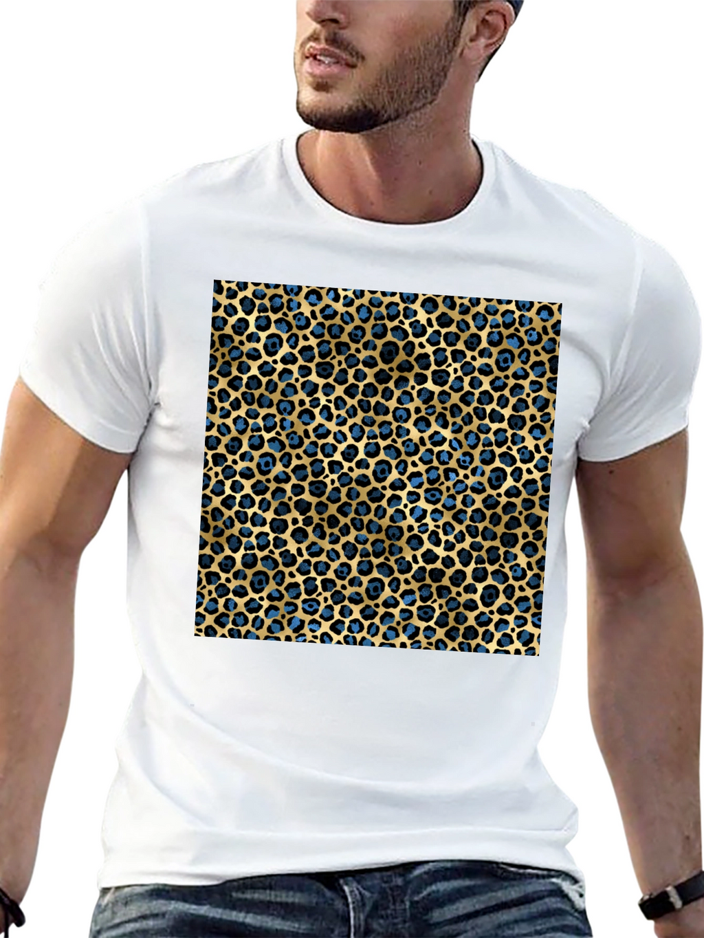 Leopard Print T-Shirt - Blue and Gold Pattern