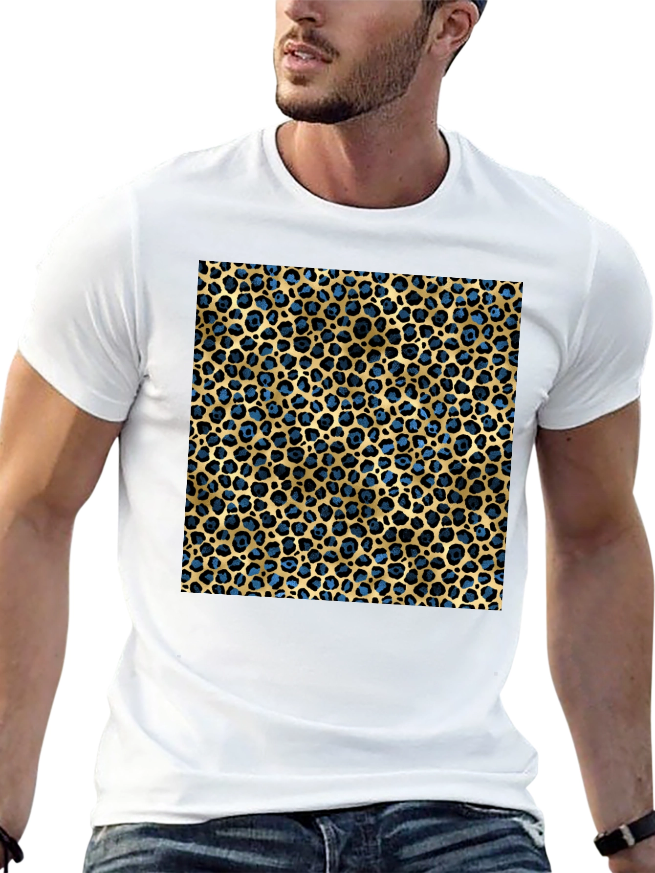 Leopard Print T-Shirt - Blue and Gold Pattern