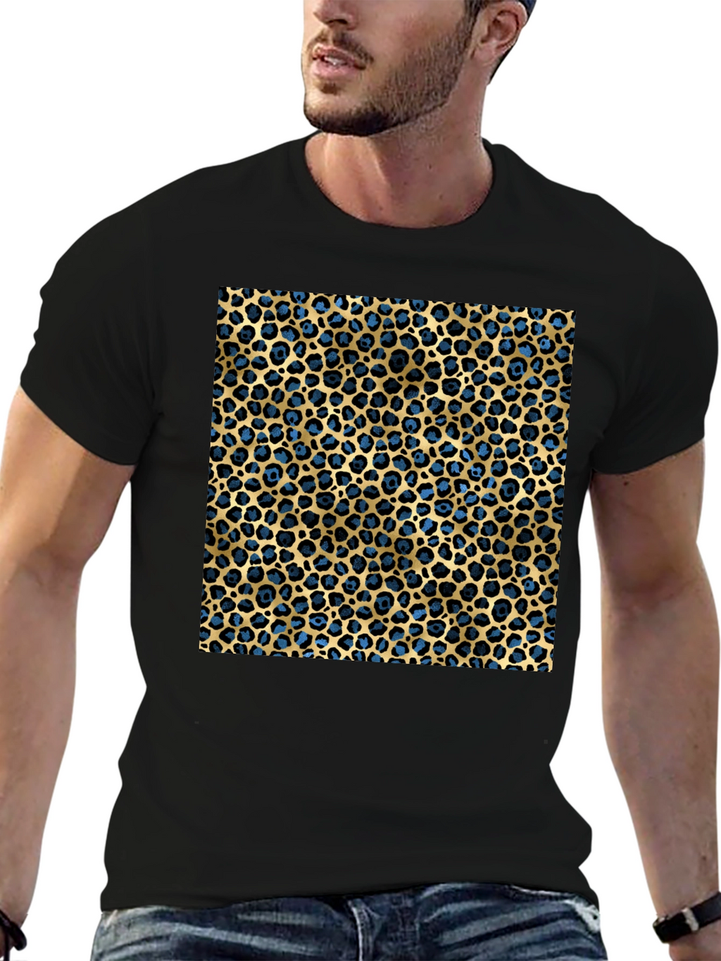 Leopard Print T-Shirt - Blue and Gold Pattern