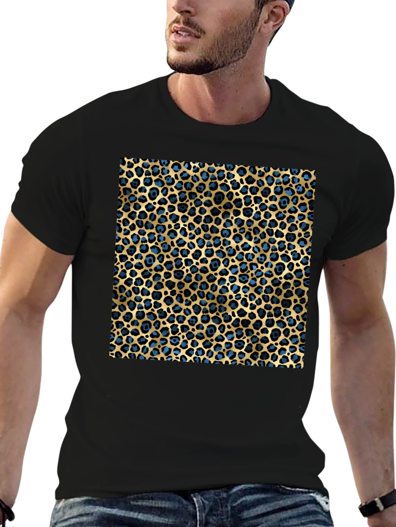 Leopard Print T-Shirt - Blue and Gold Pattern