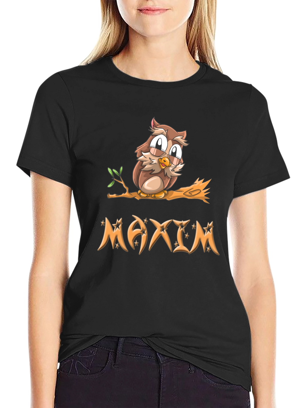 Owl on Branch Maxim Personalized Black T-Shirt