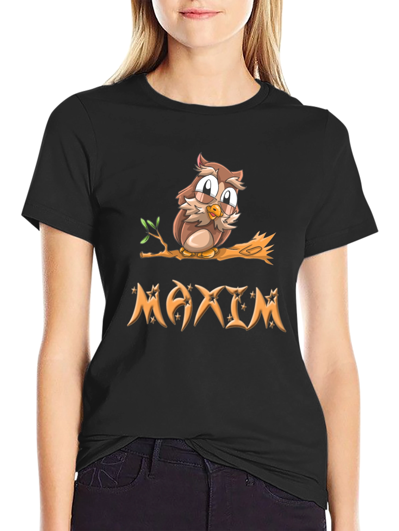 Owl on Branch Maxim Personalized Black T-Shirt