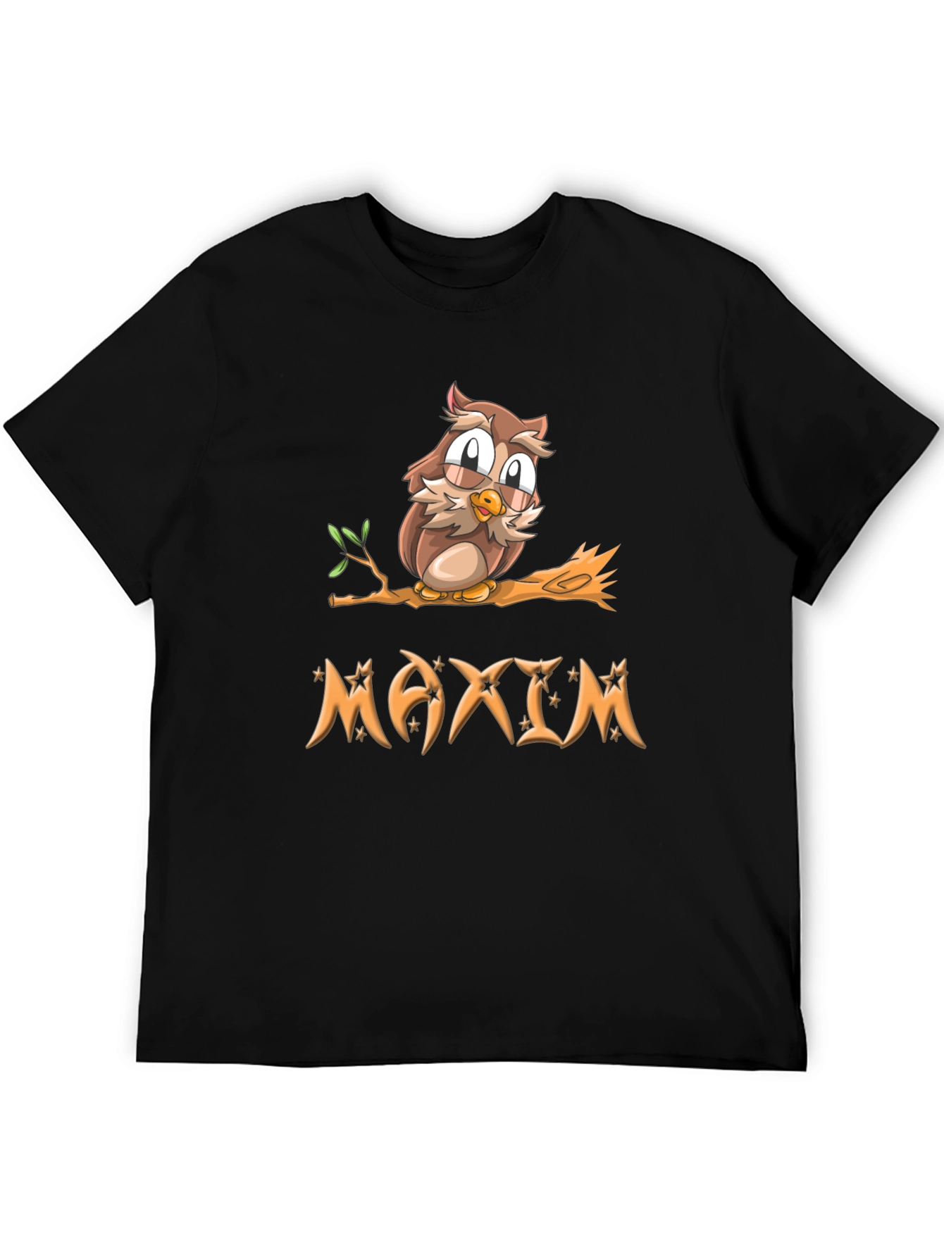 Owl on Branch Maxim Personalized Black T-Shirt