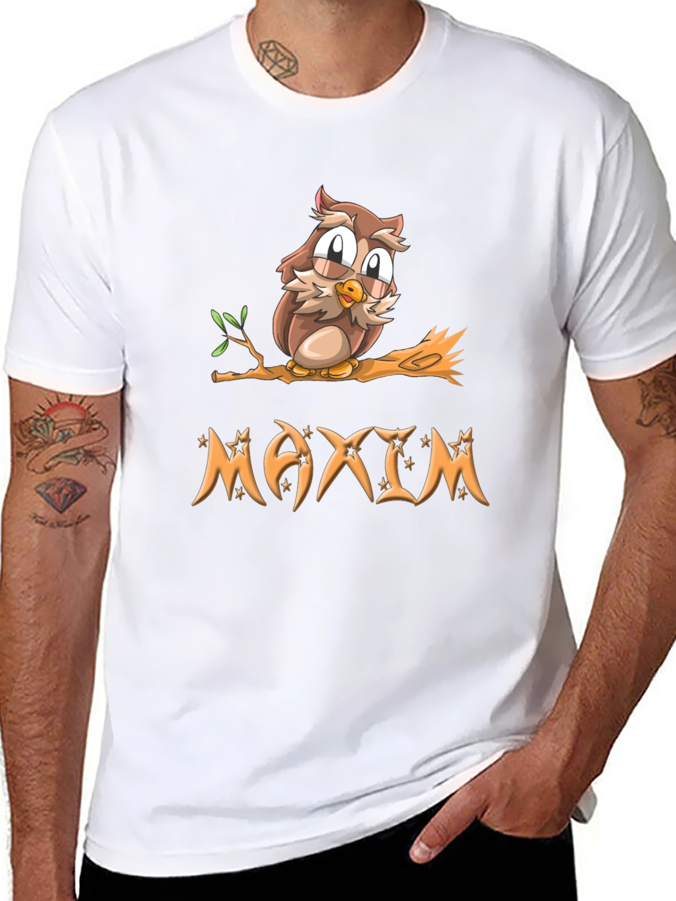 Owl on Branch Maxim Personalized Black T-Shirt