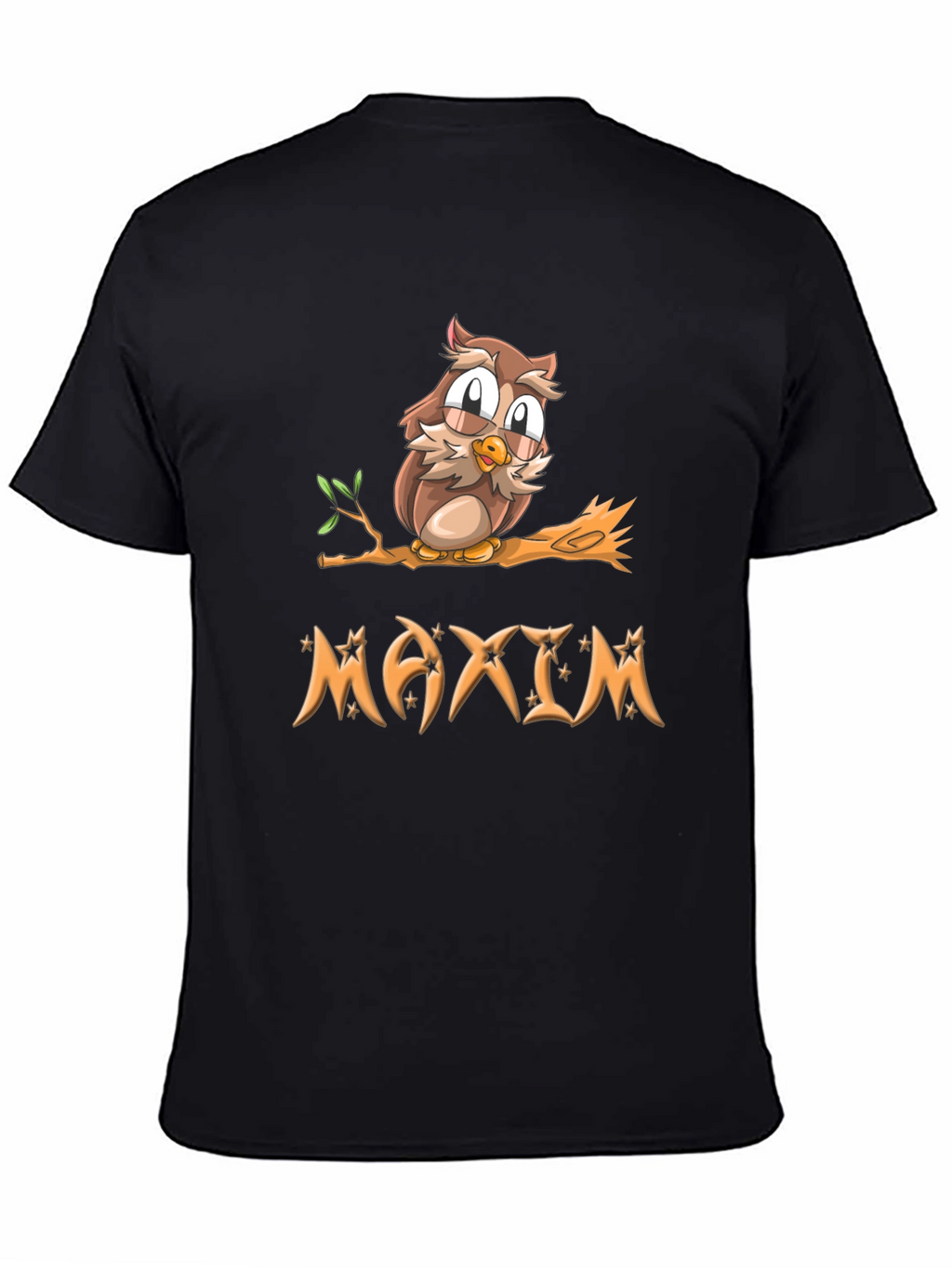 Owl on Branch Maxim Personalized Black T-Shirt