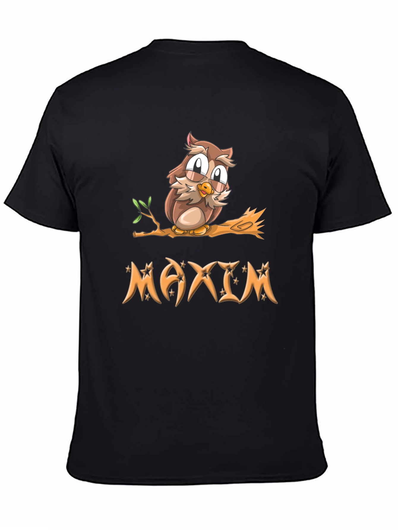 Owl on Branch Maxim Personalized Black T-Shirt