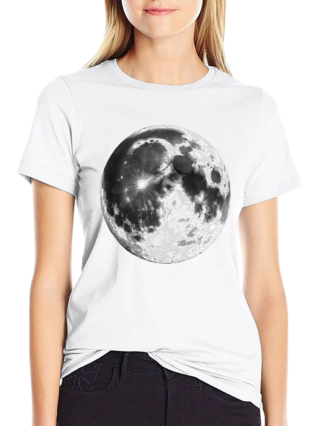 Moon Graphic Print Black Casual T-Shirt