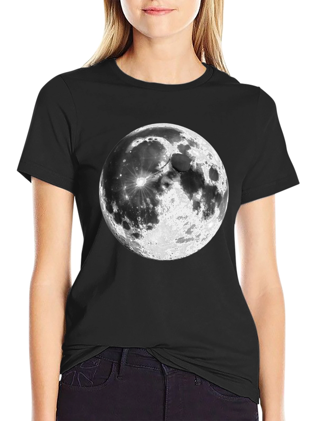 Moon Graphic Print Black Casual T-Shirt