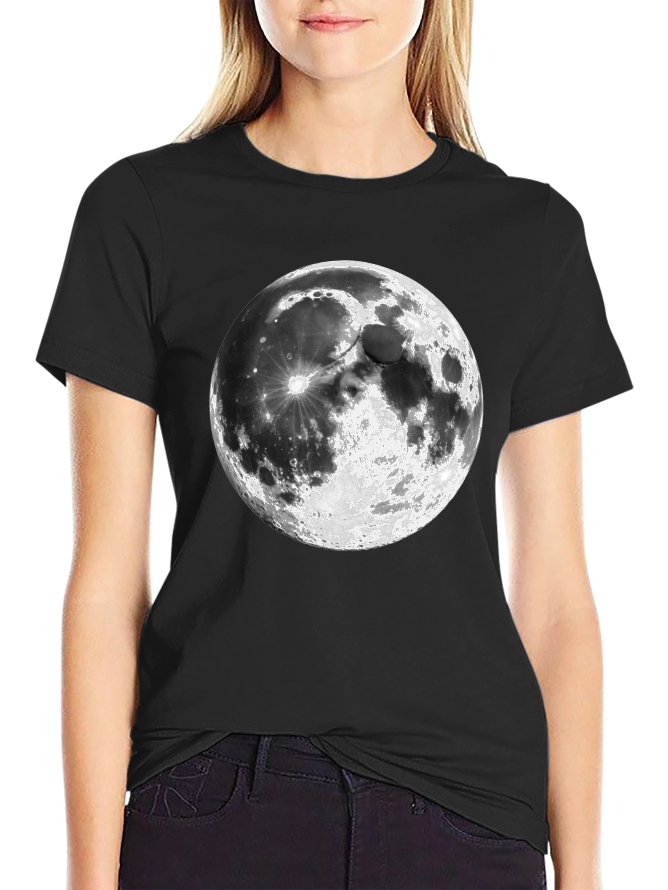 Moon Graphic Print Black Casual T-Shirt