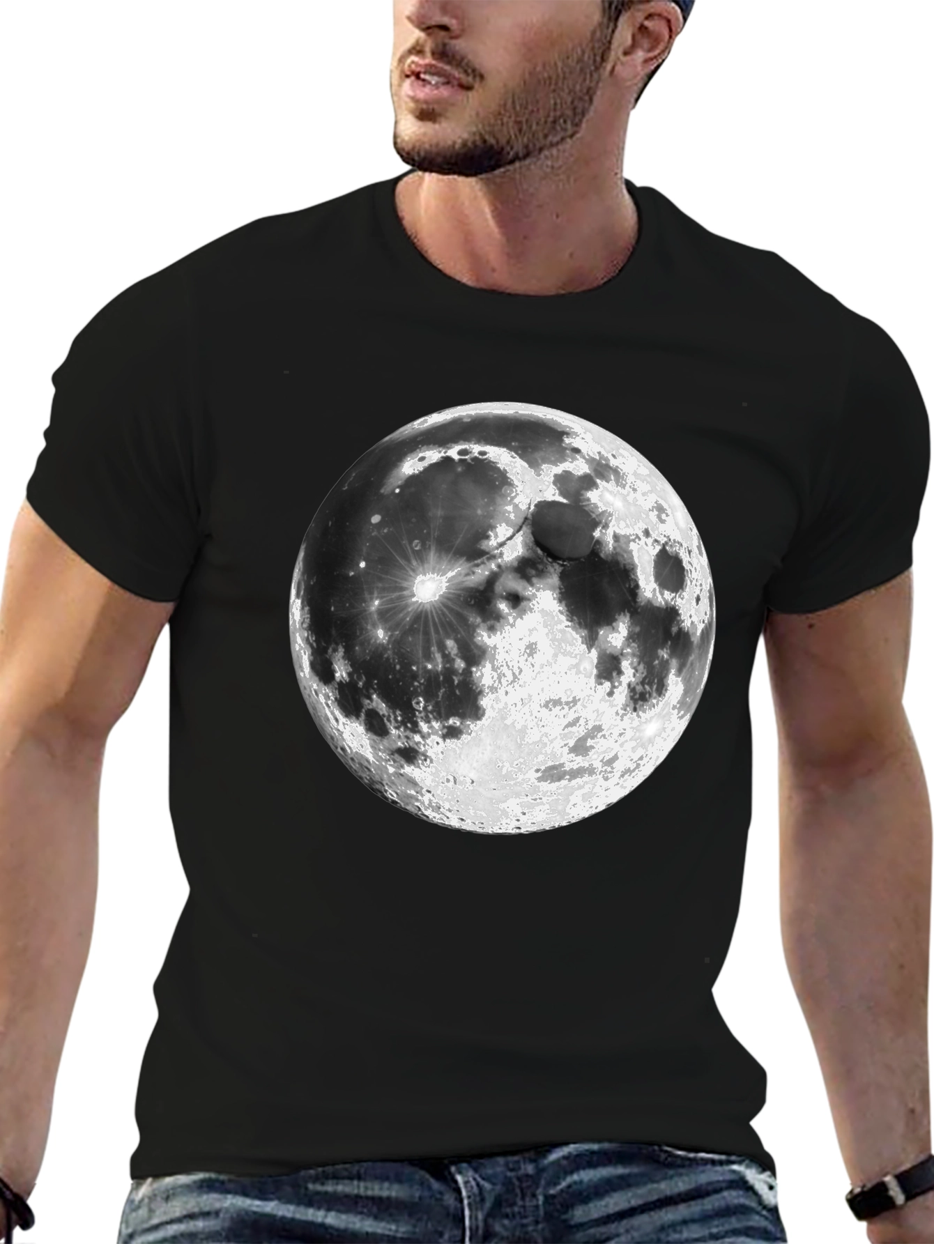 Moon Graphic Print Black Casual T-Shirt