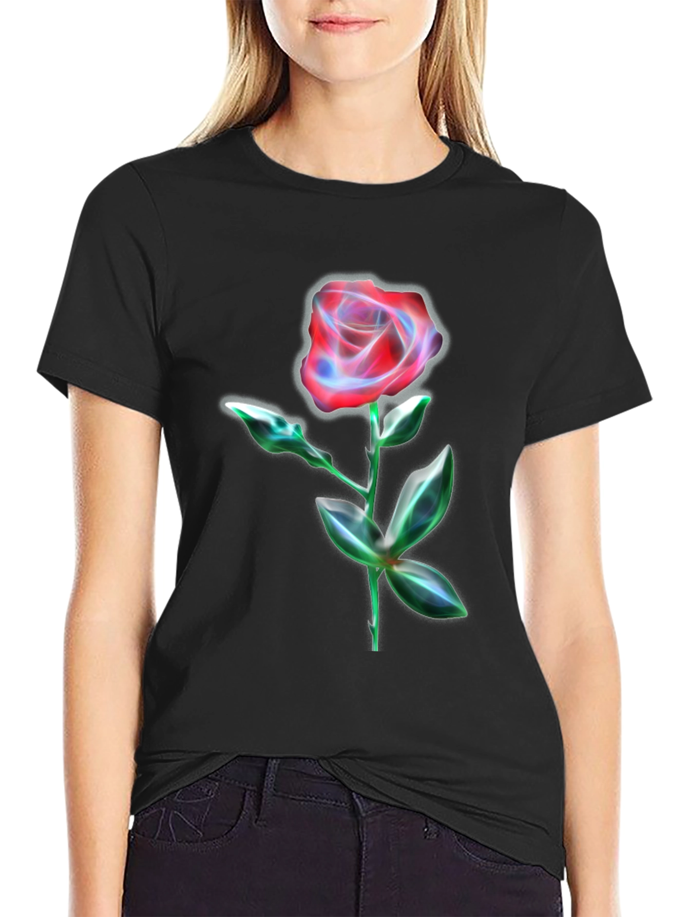 Neon Rose Graphic Print Black T-Shirt