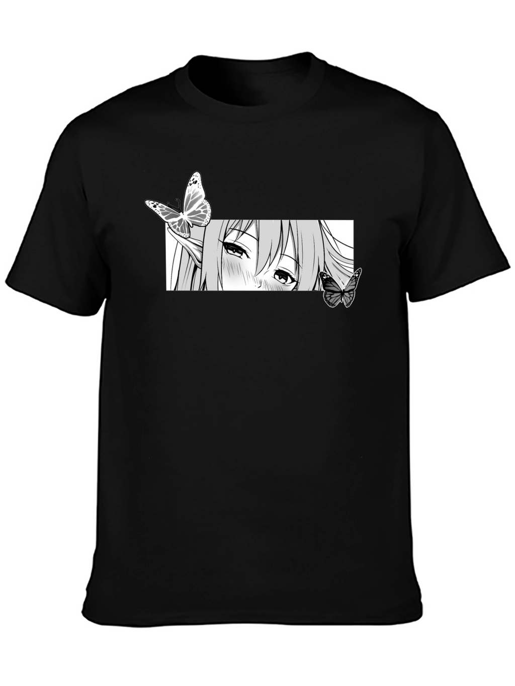 Anime Girl Butterfly Graphic Tee - Black