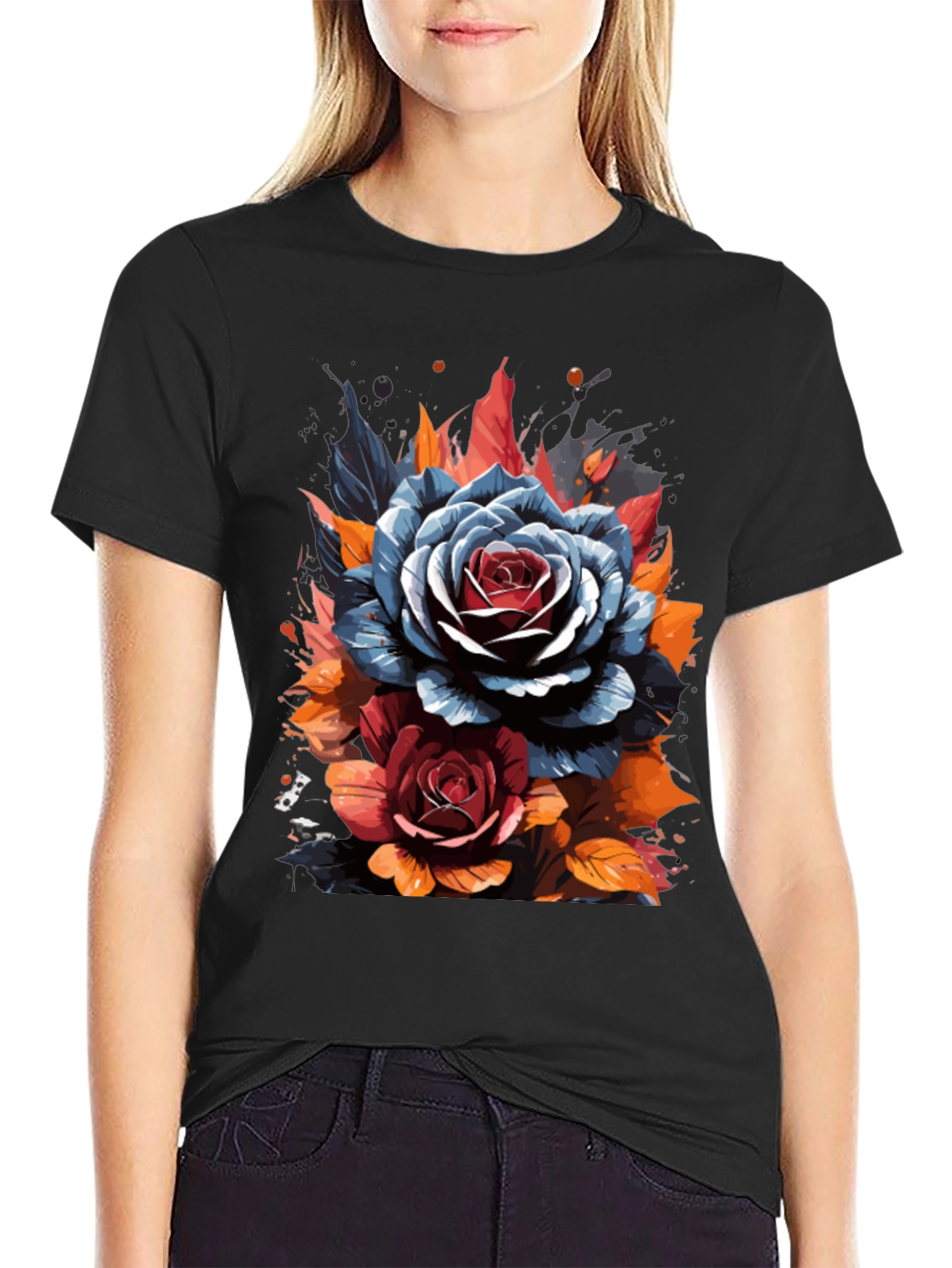 Floral Rose Graphic Black T-Shirt