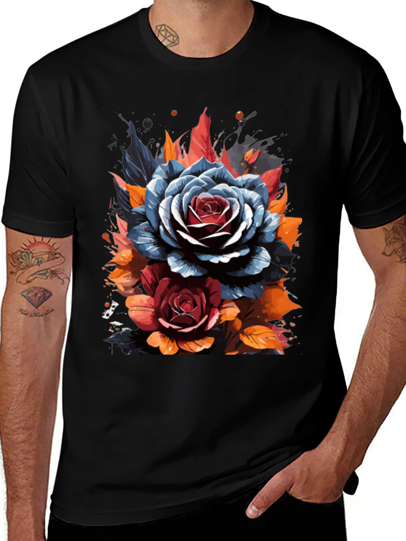 Floral Rose Graphic Black T-Shirt